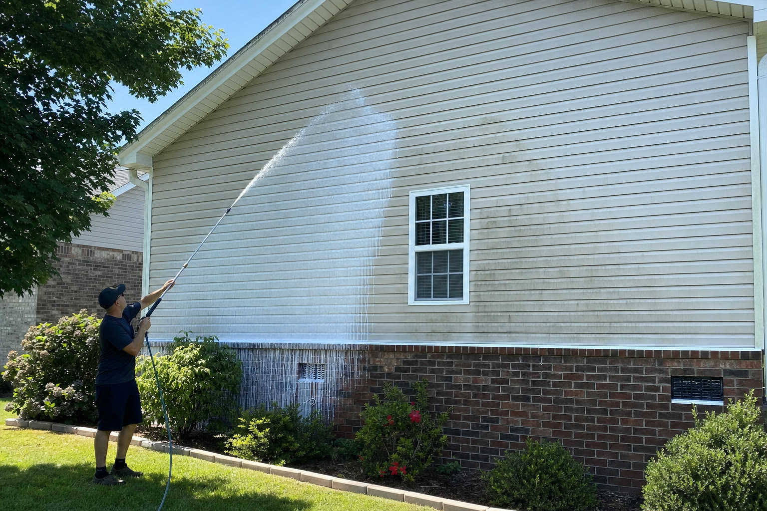 Soft-wash house washing on siding